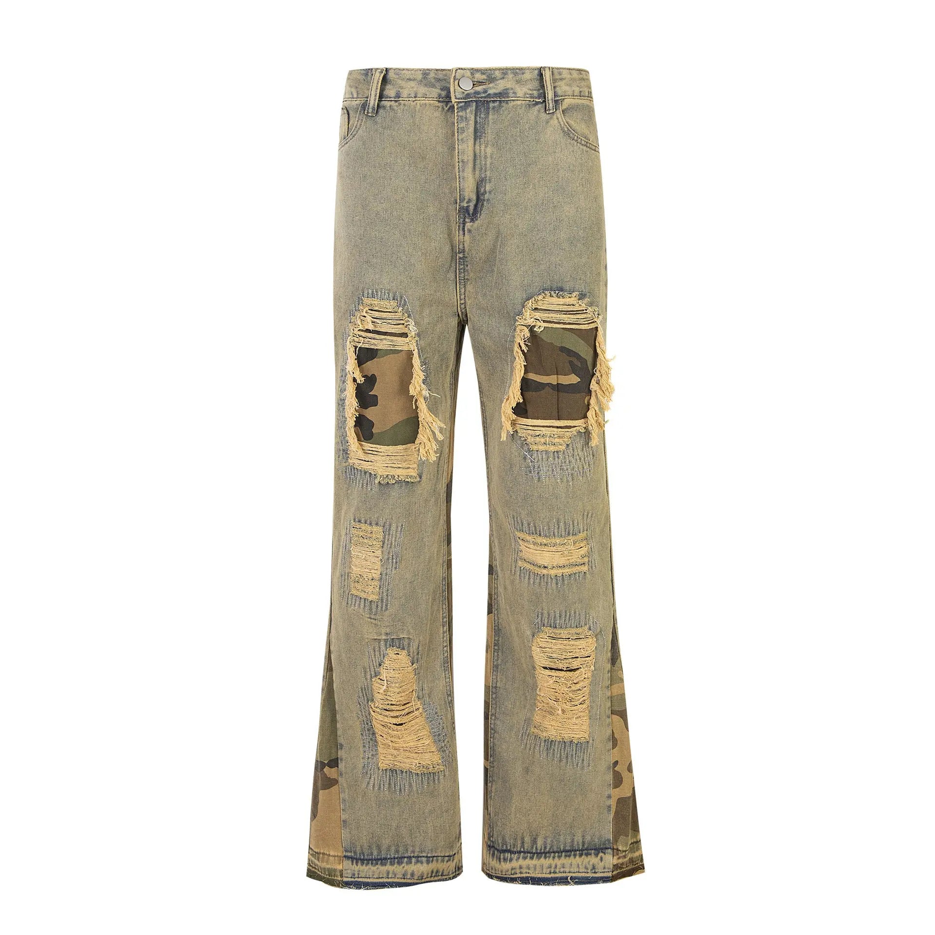 Camouflage Stitching Distressed Raw Hem Flared Jeans Men The 4 Season Clothing Brand