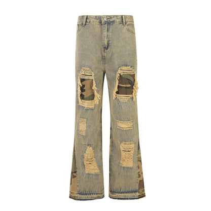 Camouflage Stitching Distressed Raw Hem Flared Jeans Men The 4 Season Clothing Brand