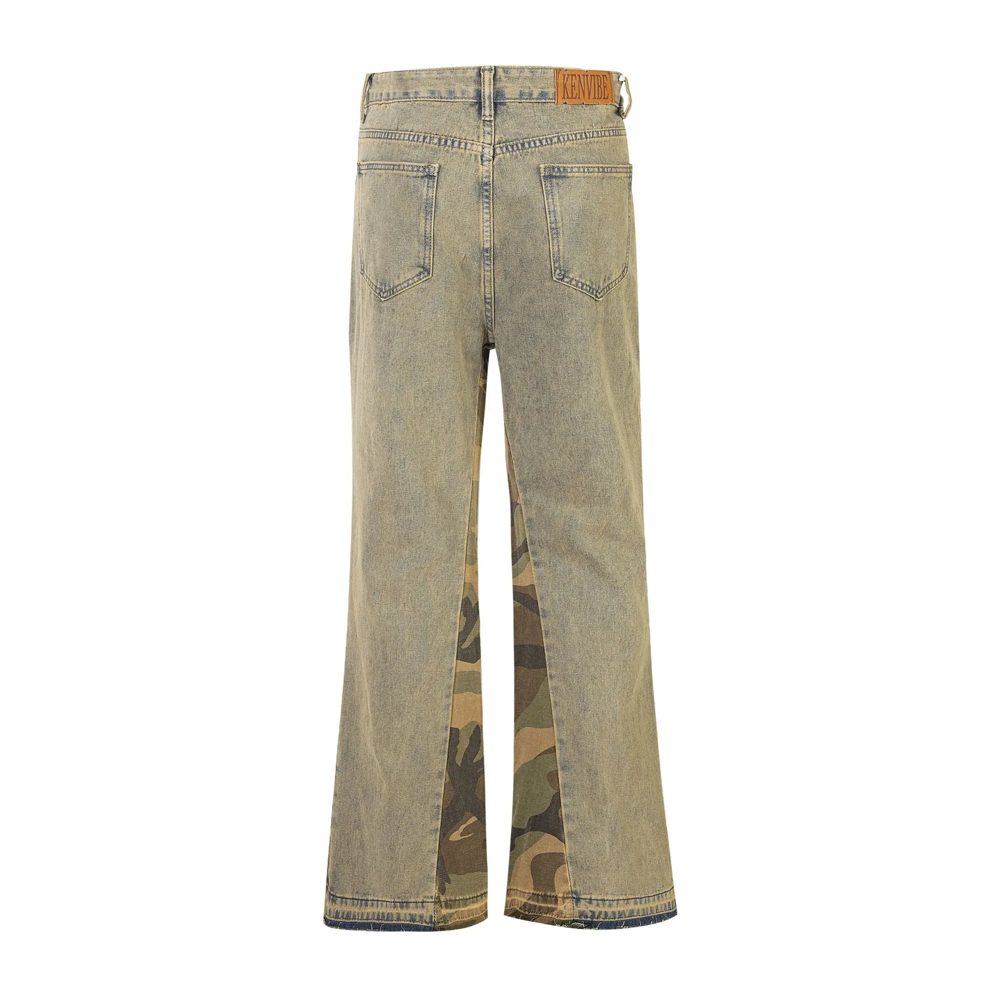 Camouflage Stitching Distressed Raw Hem Flared Jeans Men The 4 Season Clothing Brand