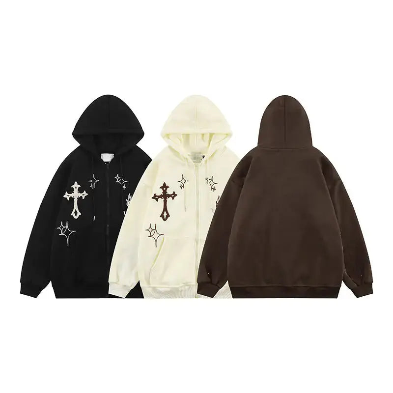 Cross Embroidery ZipUp Hoodie The 4 Season Clothing Brand