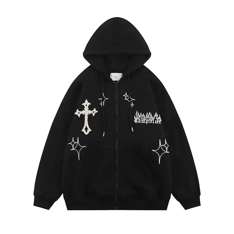 Cross Embroidery ZipUp Hoodie The 4 Season Clothing Brand