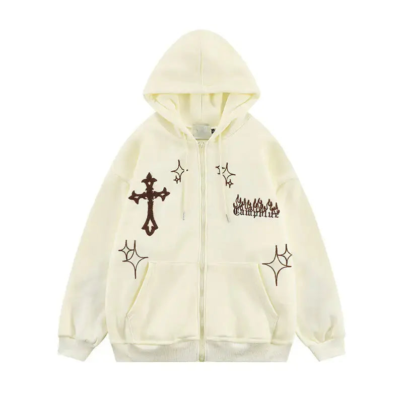 Cross Embroidery ZipUp Hoodie The 4 Season Clothing Brand