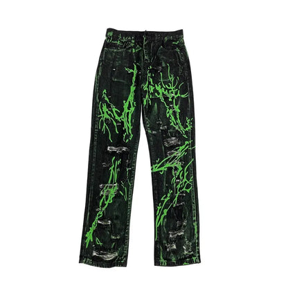 Fluorescent Green Splash-ink Make Old Ripped Washed Jeans The 4 Season Clothing Brand