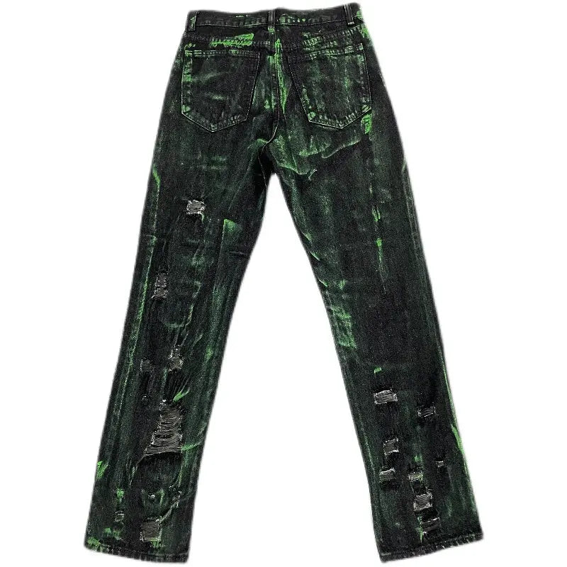 Fluorescent Green Splash-ink Make Old Ripped Washed Jeans The 4 Season Clothing Brand