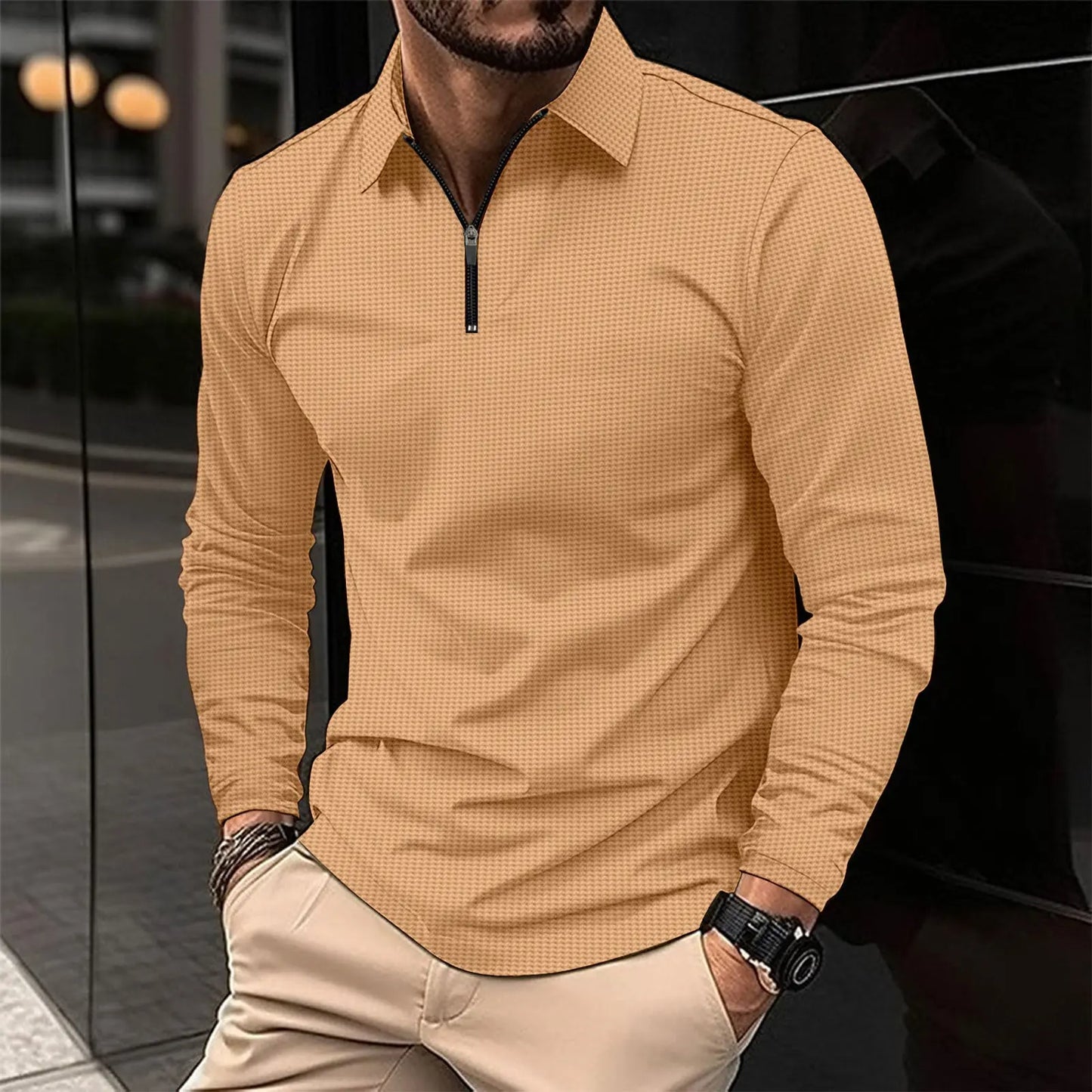 Lapel Long Sleeve Polo with Zipper The 4 Season Clothing Brand