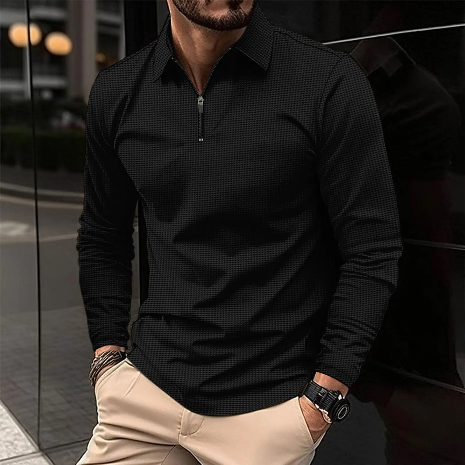 Lapel Long Sleeve Polo with Zipper The 4 Season Clothing Brand