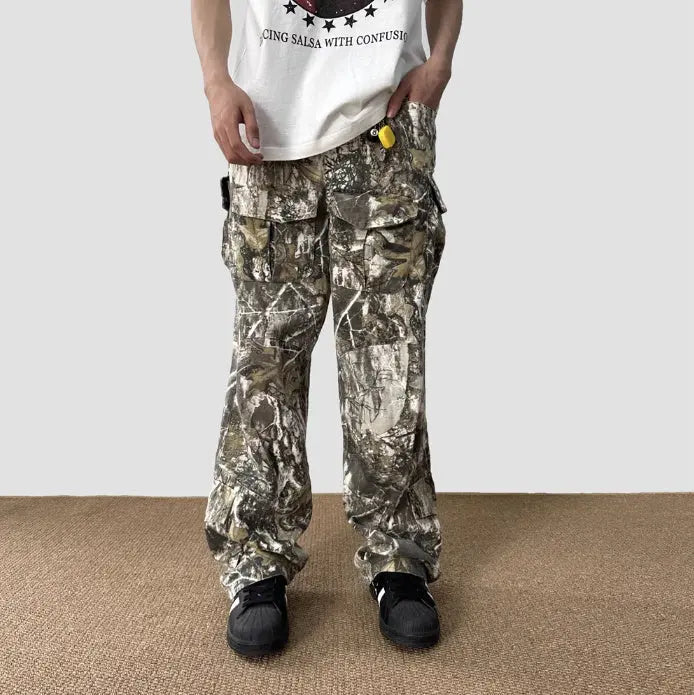 Loose Straight Tree Worn Looking Washed-out Camouflage Printed Overalls The 4 Season Clothing Brand