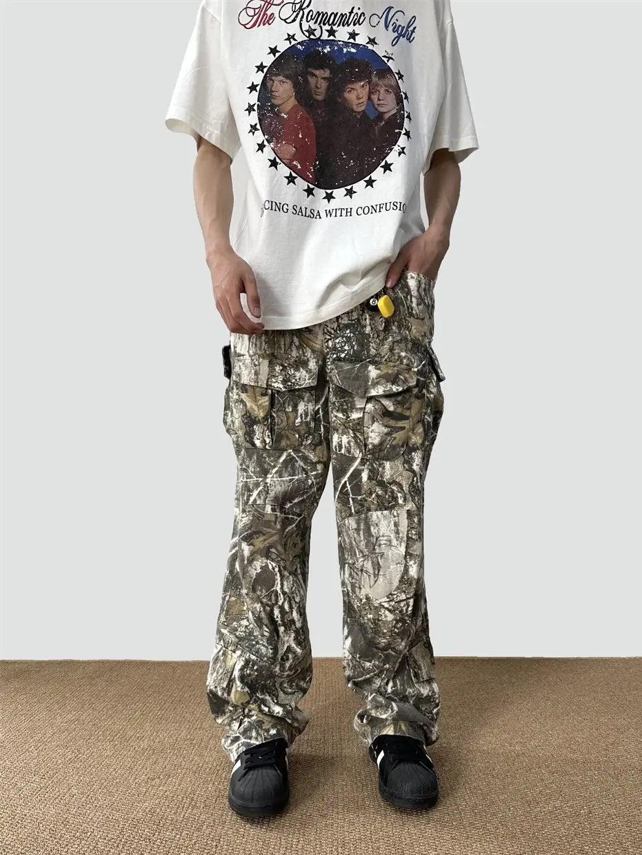 Loose Straight Tree Worn Looking Washed-out Camouflage Printed Overalls The 4 Season Clothing Brand