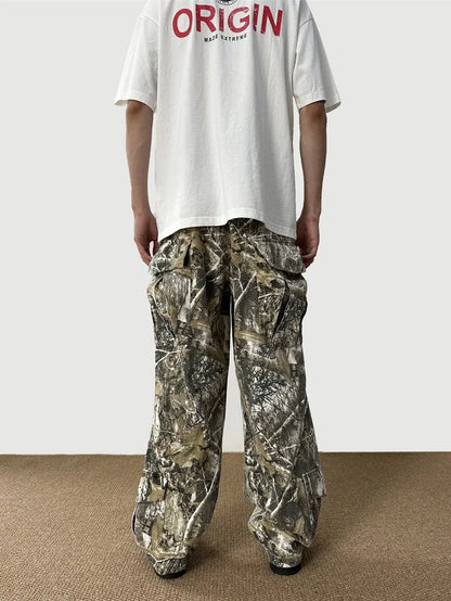 Loose Straight Tree Worn Looking Washed-out Camouflage Printed Overalls The 4 Season Clothing Brand