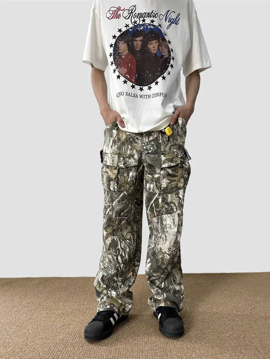 Loose Straight Tree Worn Looking Washed-out Camouflage Printed Overalls The 4 Season Clothing Brand