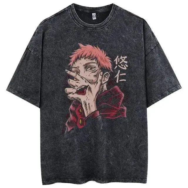 Oversized Acid Washed Anime Graphic Tee - The 4 Season Clothing Brand