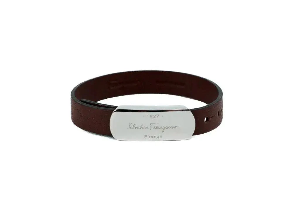 Salvatore Ferragamo Brown Leather Silver Toned 1927 Logo Bracelet - The 4 Season Clothing Brand