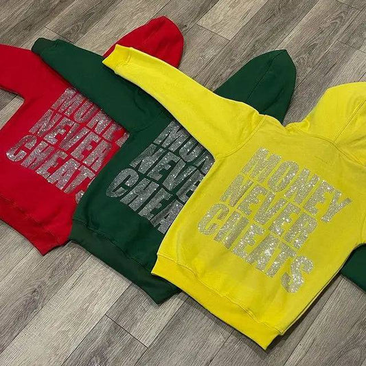 Rhinestone Oversized "Money Never Cheats" Hoodie - The 4 Season Clothing Brand