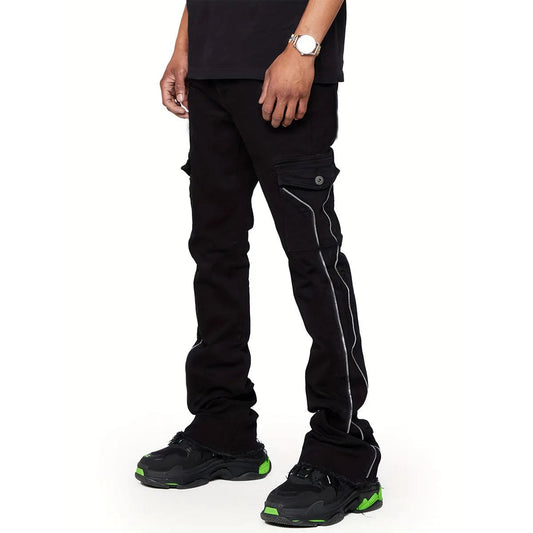 Classic Black Stacked Jeans- Side-Zipper - The 4 Season Clothing Brand