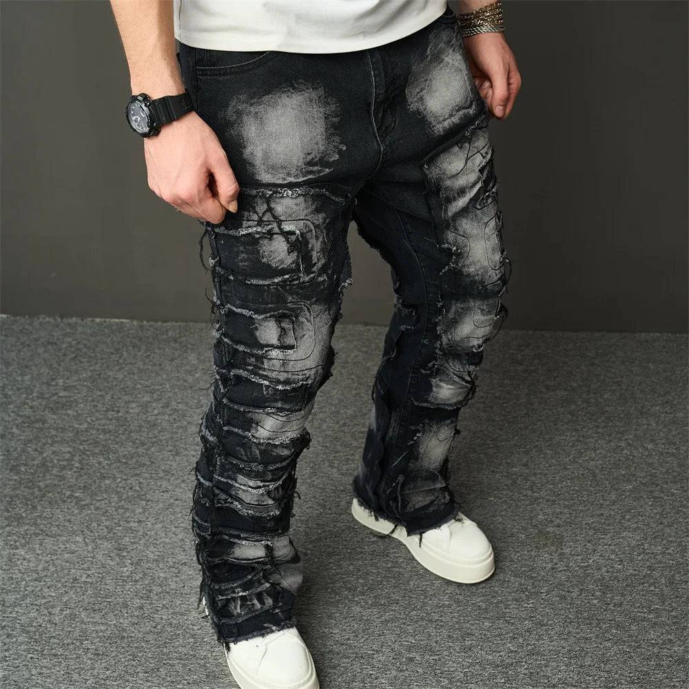 Ripped Spliced Patch Straight Stacked Jeans - The 4 Season Clothing Brand