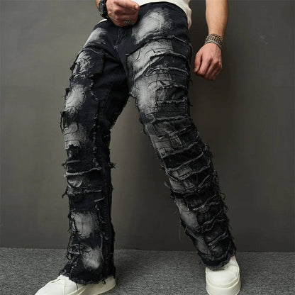 Ripped Spliced Patch Straight Stacked Jeans - The 4 Season Clothing Brand