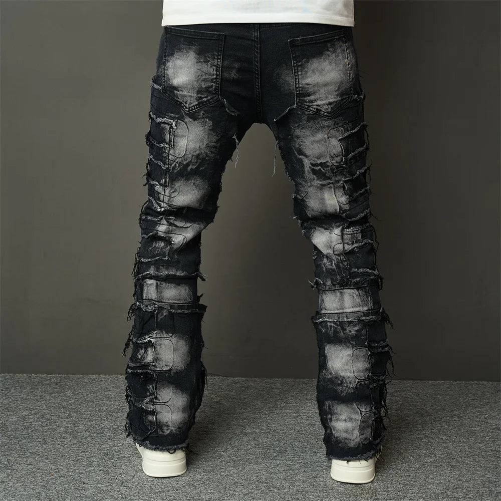 Ripped Spliced Patch Straight Stacked Jeans - The 4 Season Clothing Brand