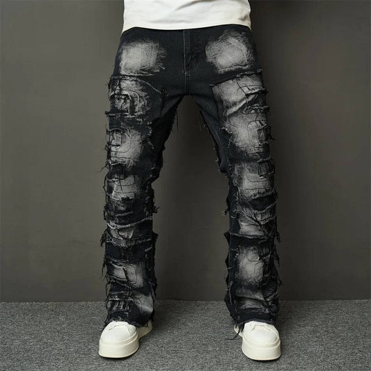 Ripped Spliced Patch Straight Stacked Jeans - The 4 Season Clothing Brand