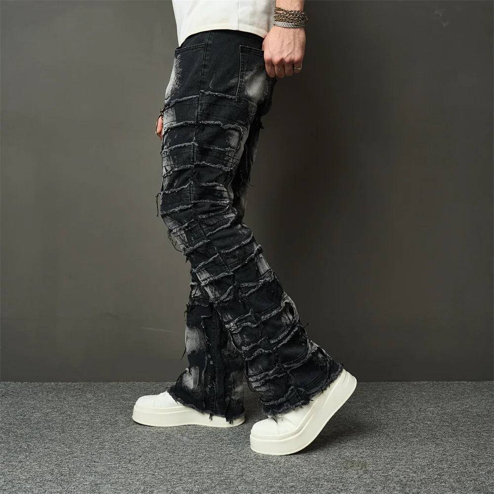 Ripped Spliced Patch Straight Stacked Jeans - The 4 Season Clothing Brand