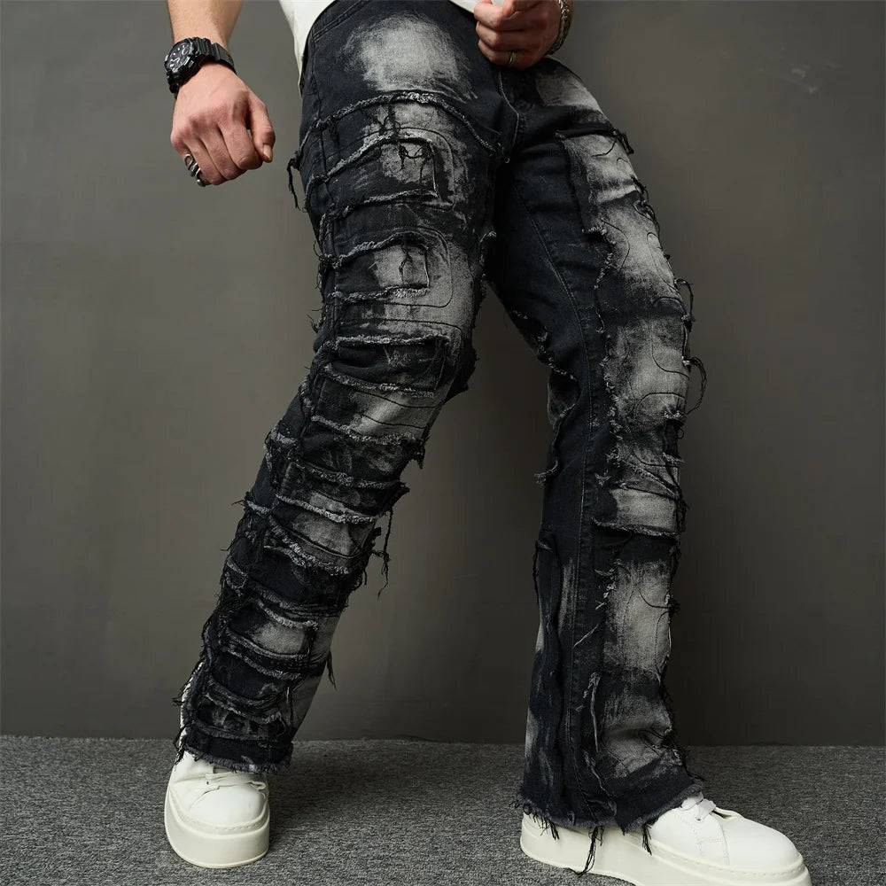 Ripped Spliced Patch Straight Stacked Jeans - The 4 Season Clothing Brand